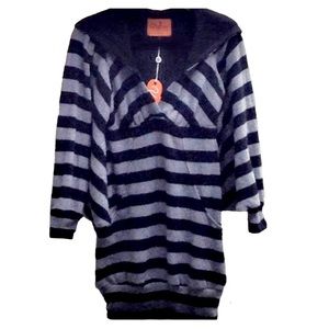 🆕 VOOM Black Grey Striped Dolman Knit Tunic or Dress w/Hood Sz LRG NWT